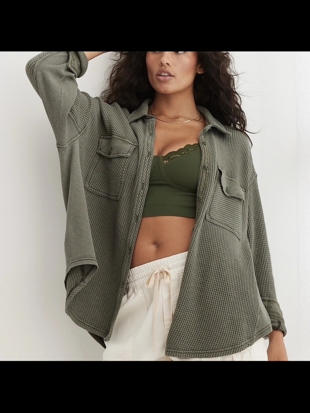Aerie LumberJane Waffle Shirt Shacket Women’s XS Button Down Oversized Green